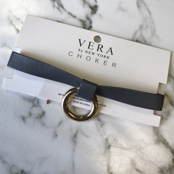 Grey Gold Hoop Medallion Leather Choker Necklace - Picture 6 of 7